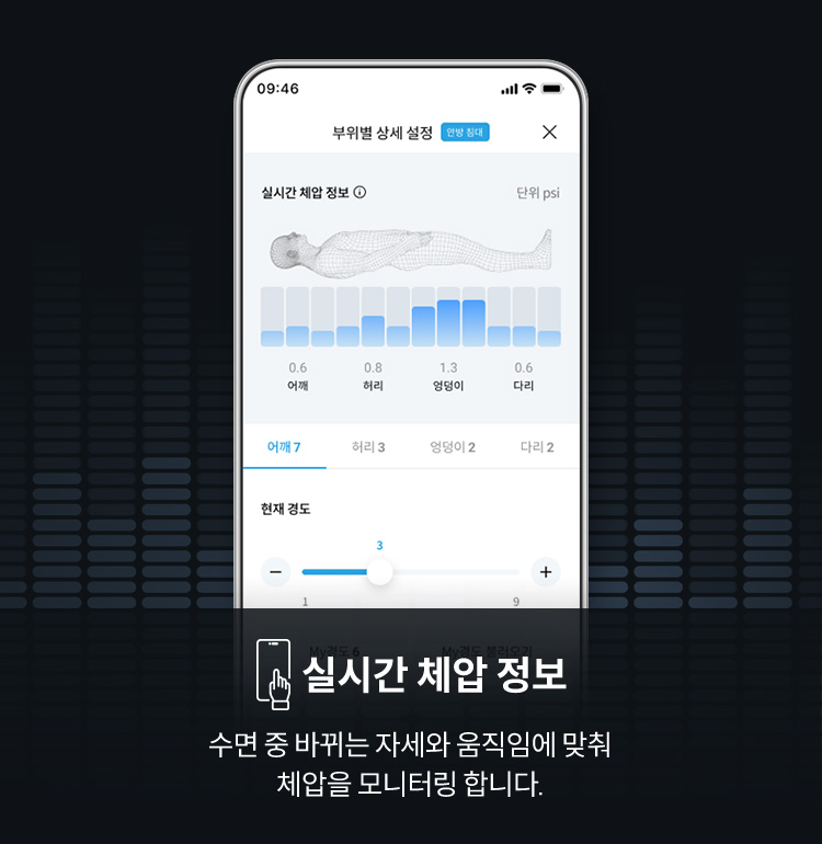 수면 리포트부터 실시간 체압 정보, 경도 컨트롤, 모드 설정까지 간편하게 사용 가능한 IoCare+ APP · 2번째 이미지