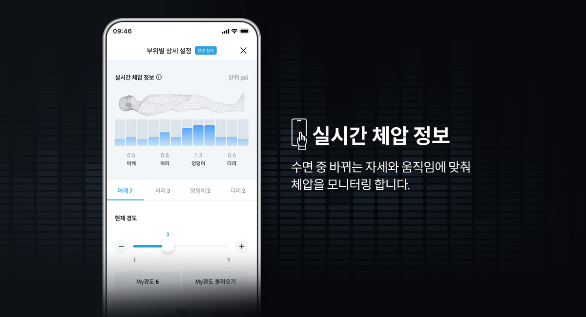 수면 리포트부터 실시간 체압 정보, 경도 컨트롤, 모드 설정까지 간편하게 사용 가능한 IoCare+ APP · 2번째 이미지